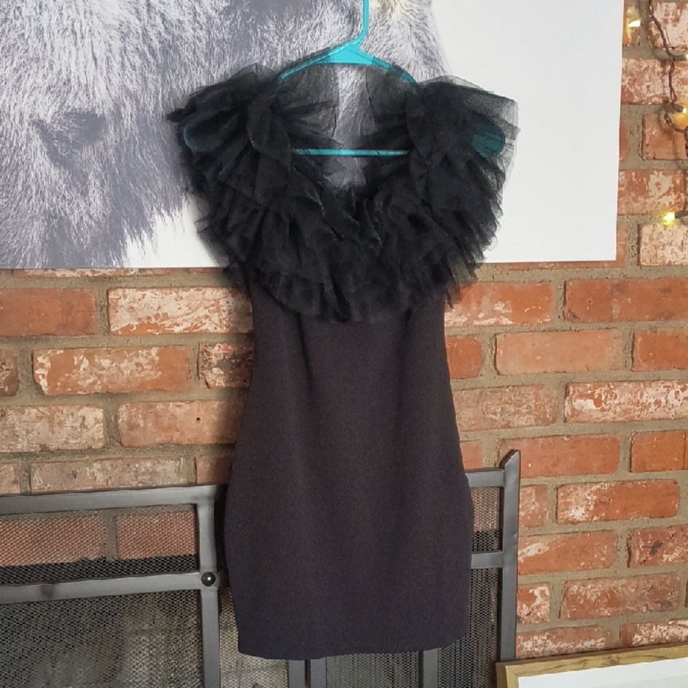 Lulu's Black Mini Dress with Ruffled Neckline